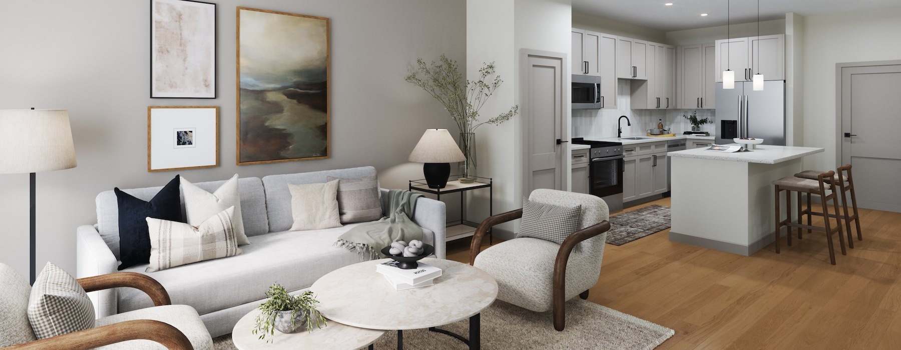 a living room with a white couch and a table