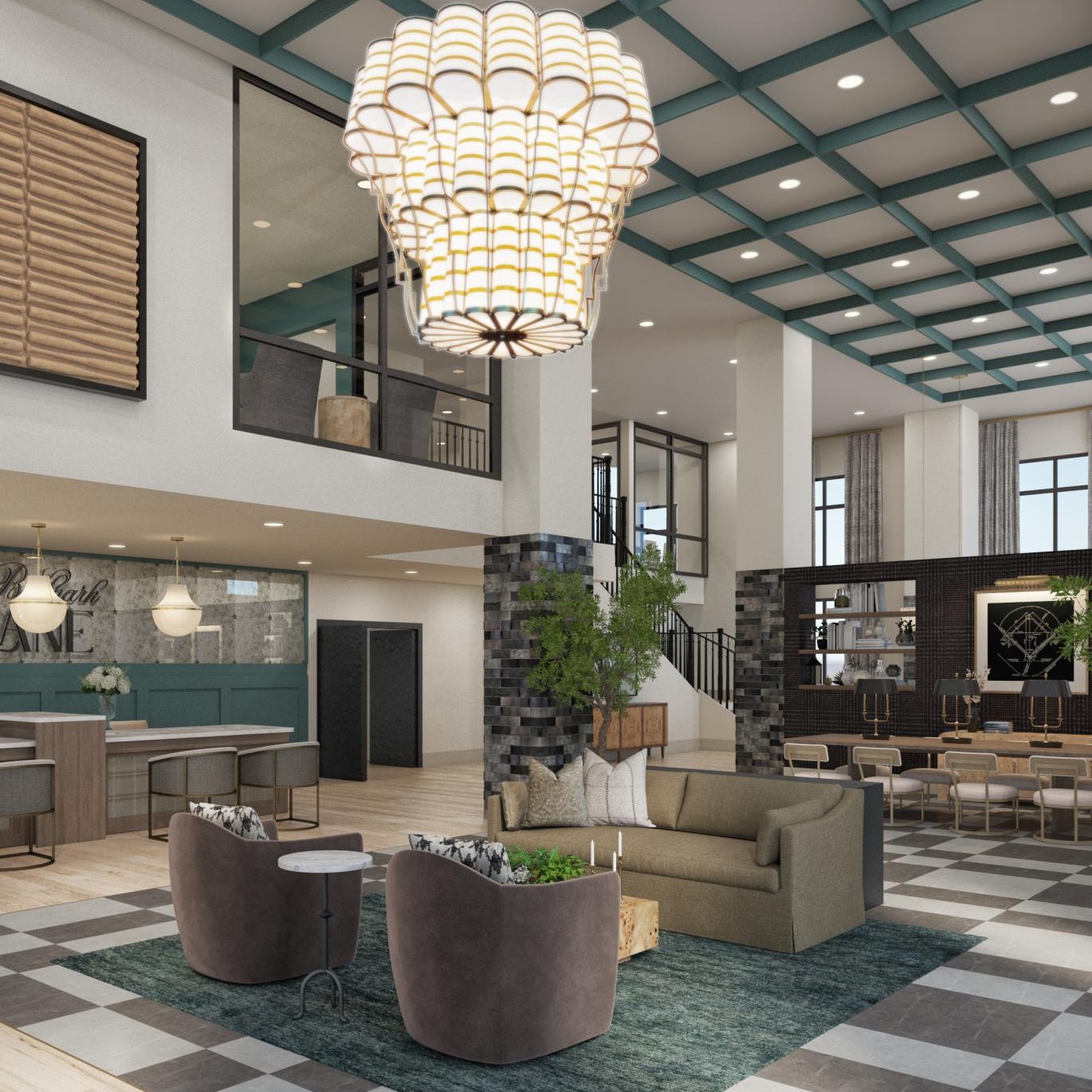 a large room with a chandelier and chairs