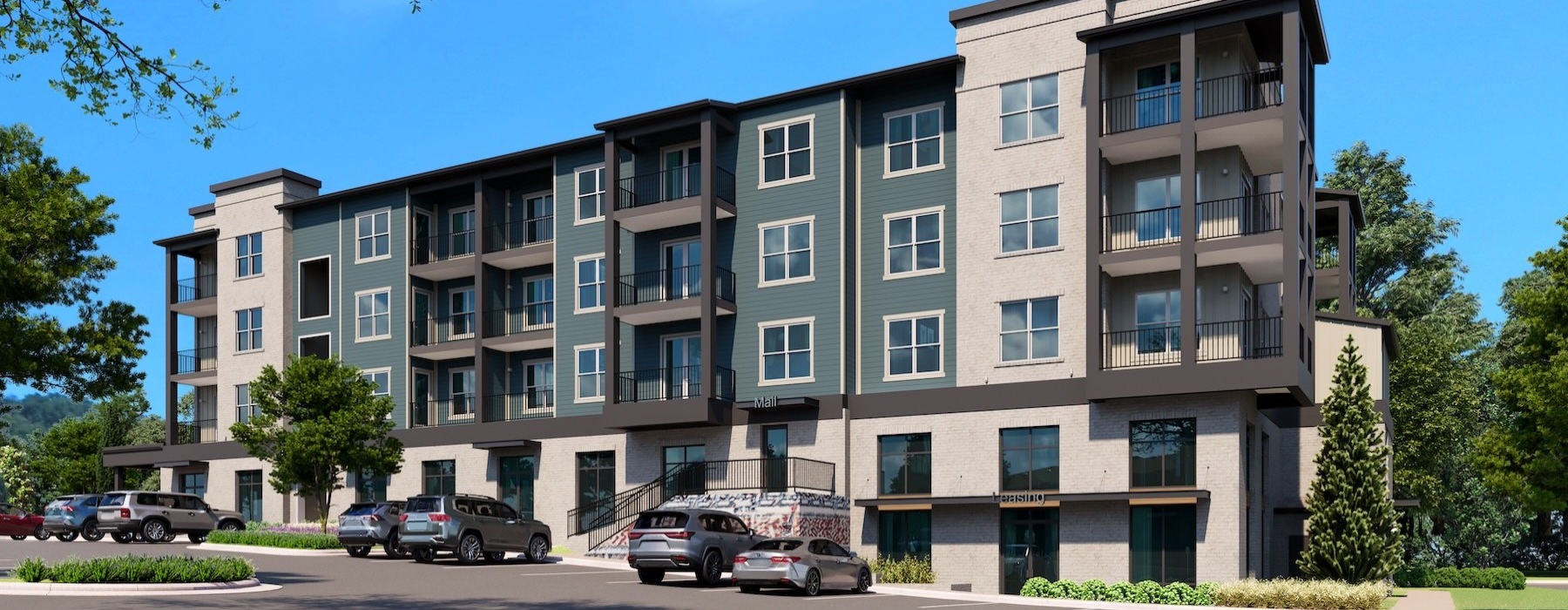 a building with cars parked in front