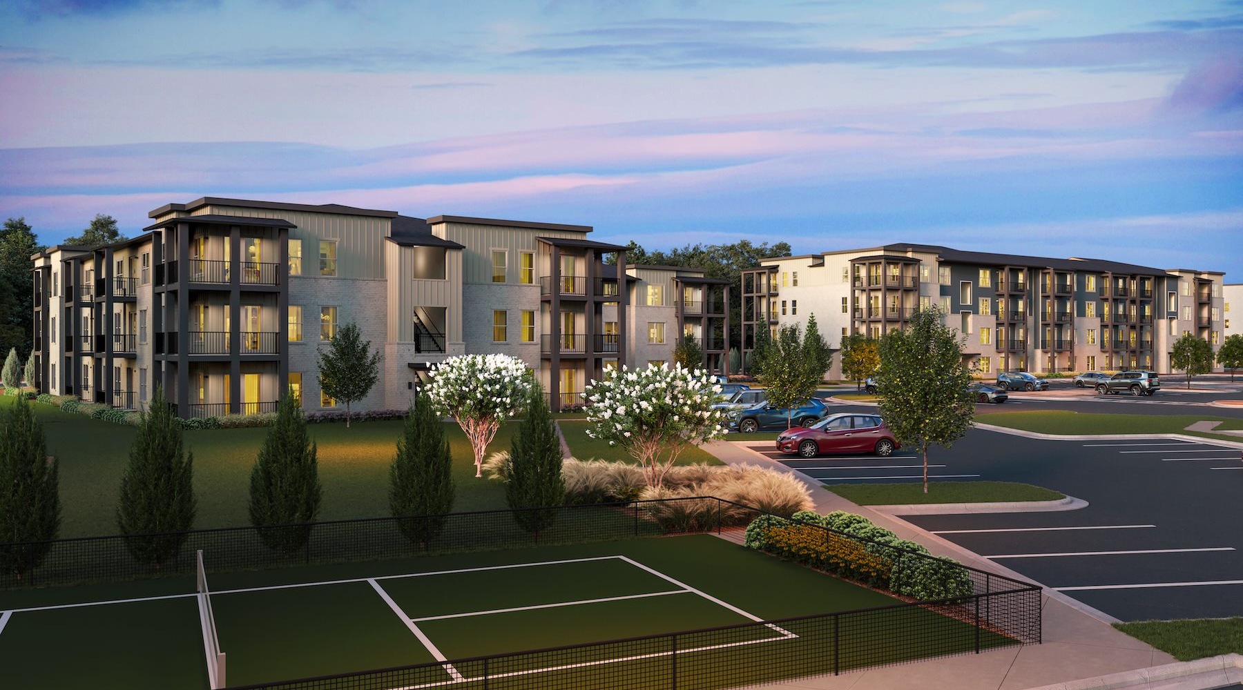 a tennis court in a parking lot