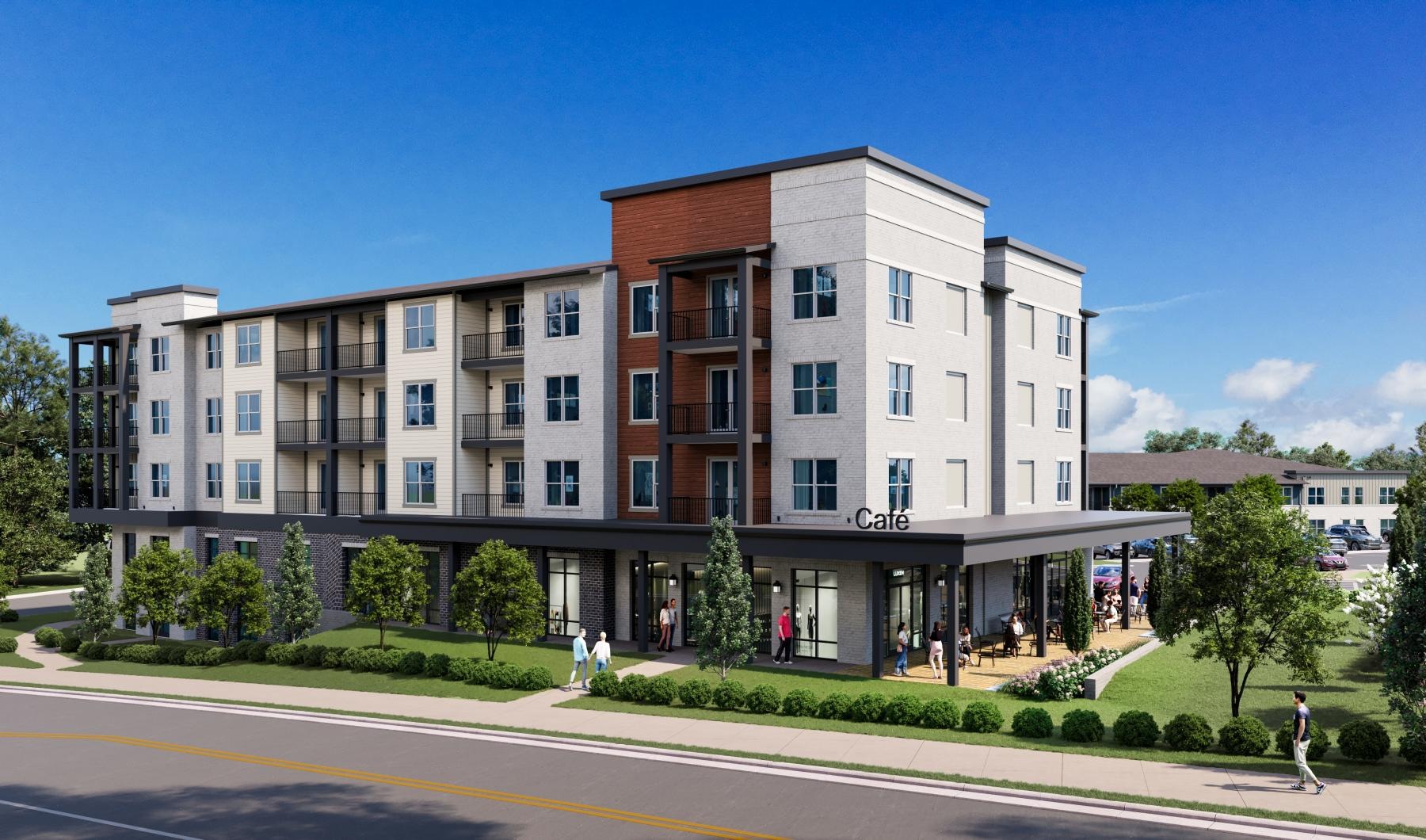 a large building with people walking around