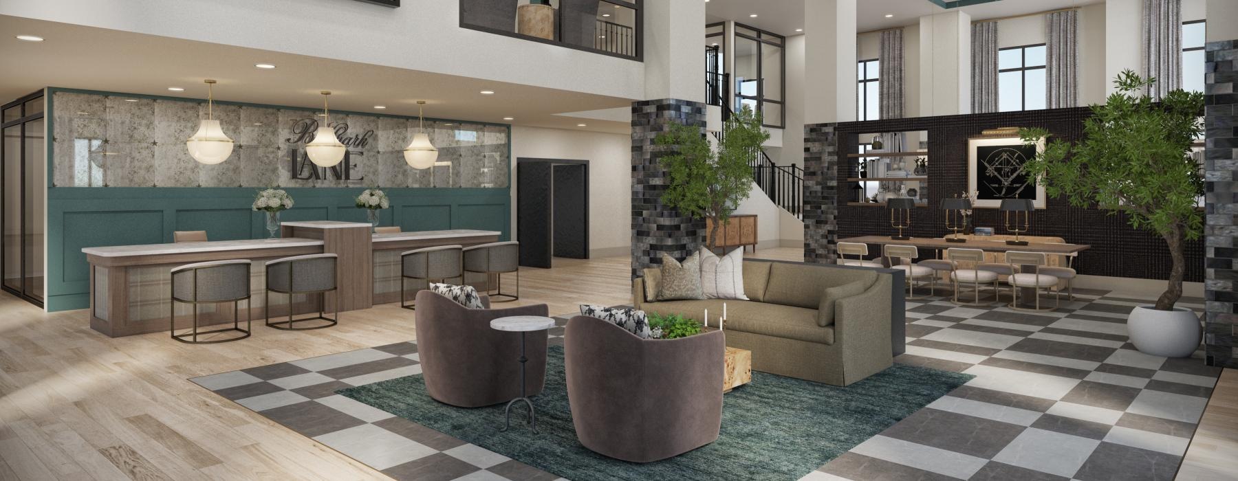 a large room with a chandelier and chairs