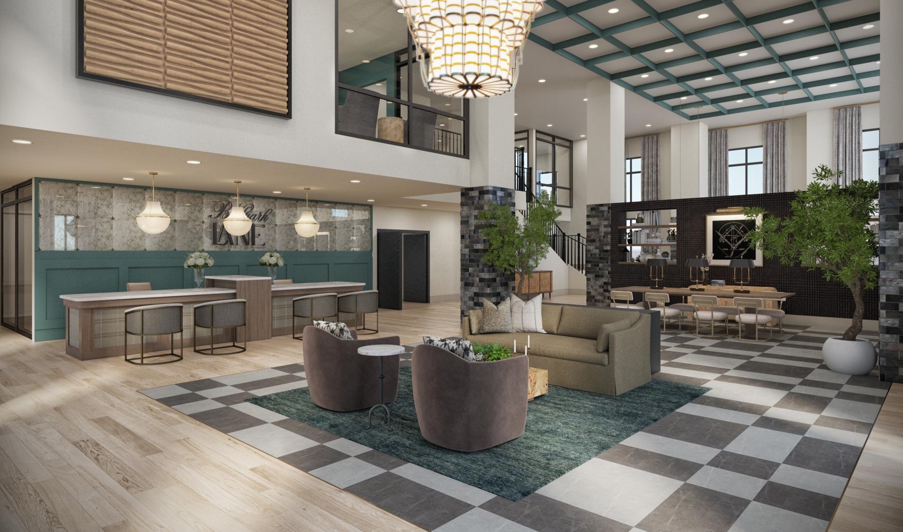 a large room with a chandelier and chairs