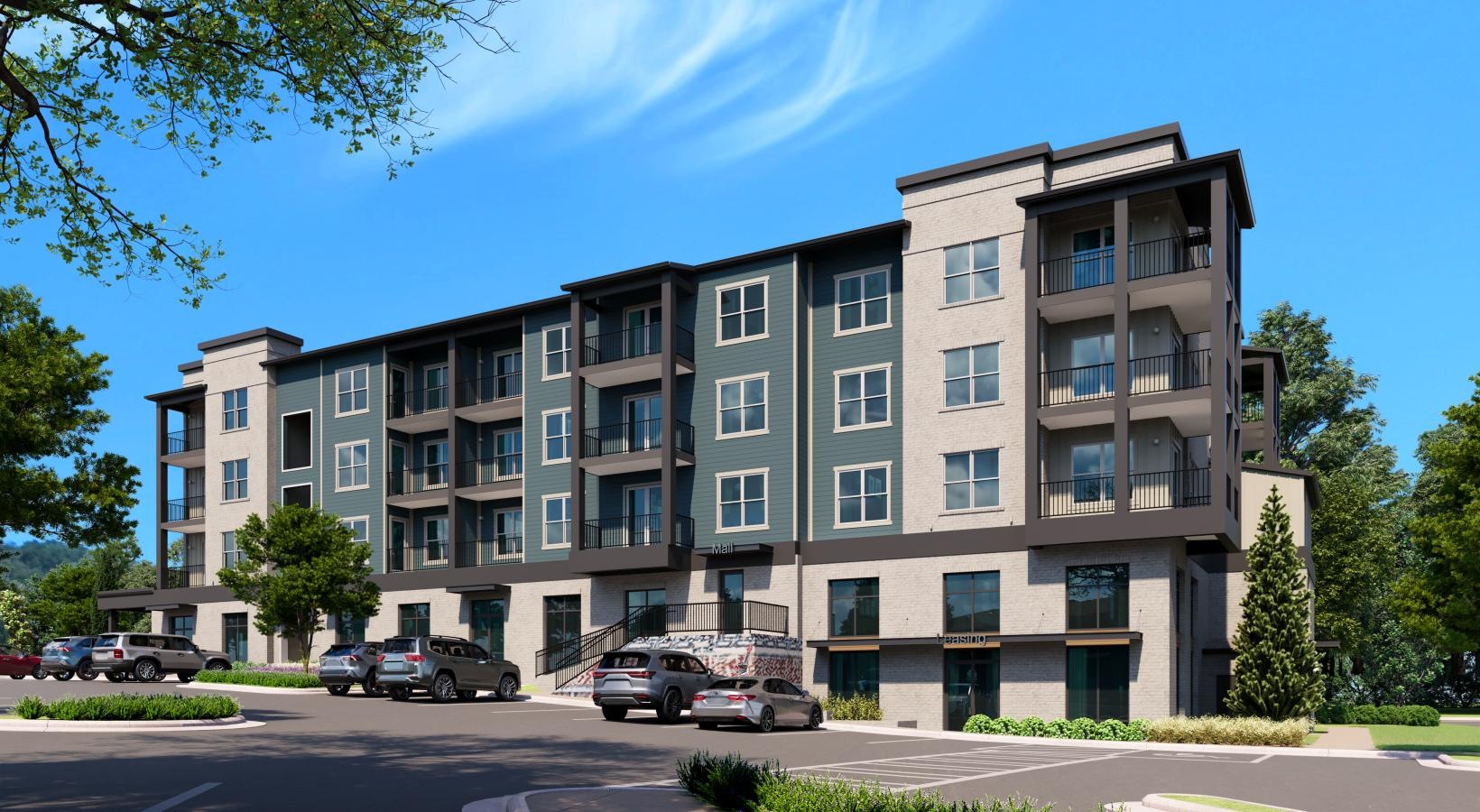 a building with cars parked in front