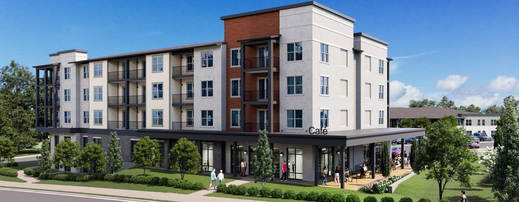 a large building with people walking around