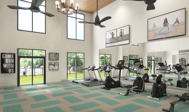 a room with a rug and a drum set and a large window